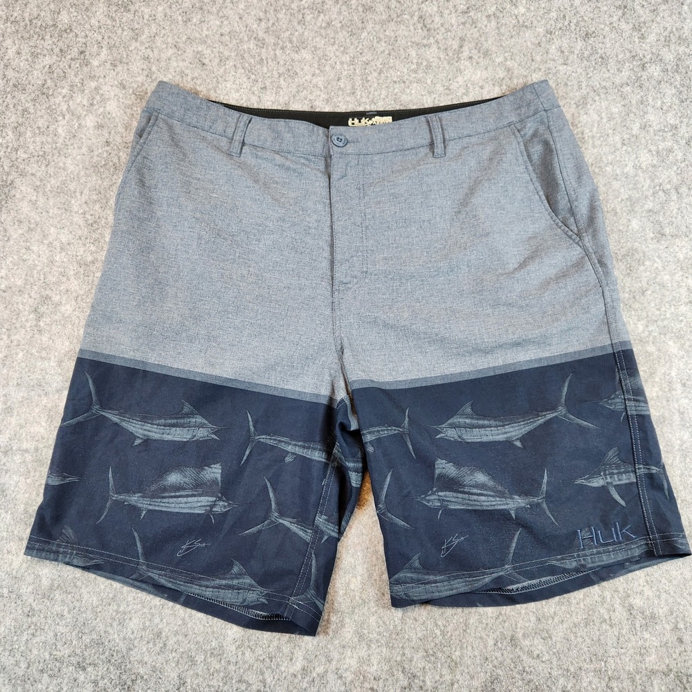 Huk Marlin Fishing Shorts Men 38 Blue Grey Quick Dry Stretch Pockets Performance